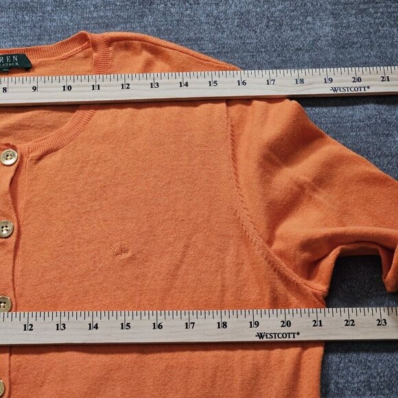 Lauren Ralph Lauren Cardigan Womens L Orange Buttons LS Boho Preppy Mature FLAW - Picture 4 of 13